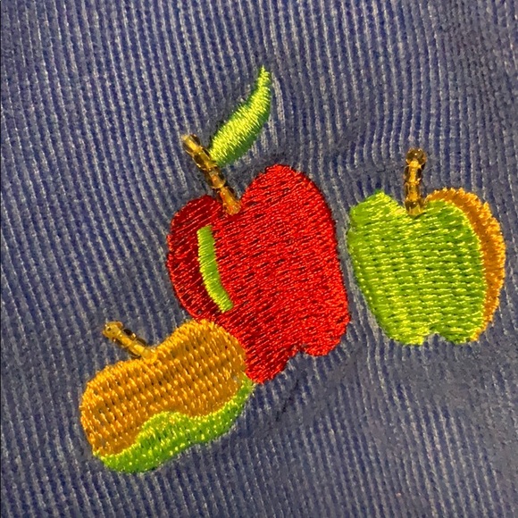 Quaker Factory Blue Corduroy Apple Embroidery Button Collar Top - Picture 8 of 13